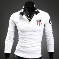Polo Homme manches longues Fashion Ecusson Stylish Sport Blanc